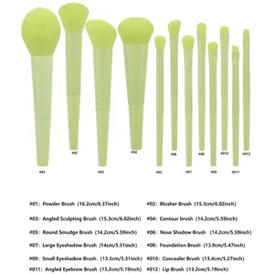 Size chart showing 12 pieces makeup brush set lengths from powder brush to lip brush
