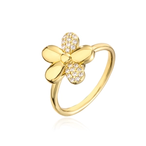 Detail of 18K gold plated ring featuring a rotating flower design with sparkling zircon