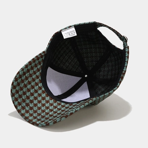 Classic houndstooth baseball cap in green and coffee brown with adjustable metal buckle