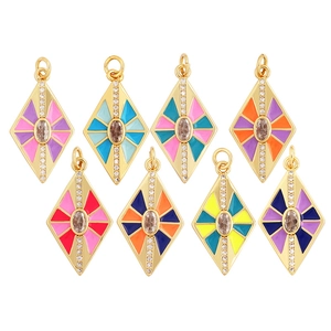 Enamel checkerboard heart and rectangle pendants with gold plating and center stone