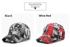 Detail showing graffiti print pattern on black and wine red street style baseball caps