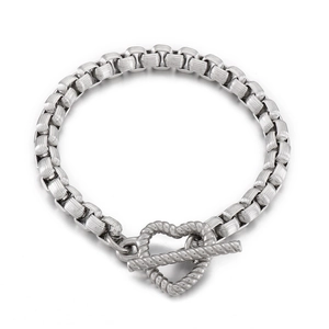 Minimalist silver chain bracelet with a heart-shaped T-bar toggle clasp on white background