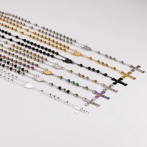 Stainless steel rosary Y-necklaces with cross pendants in gold, silver, black, and rainbow