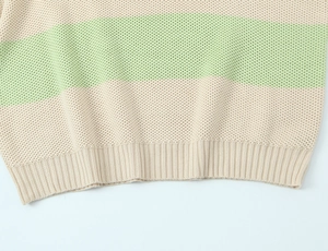 Detail of striped knit sweater showing honeycomb texture and ribbed hem finish