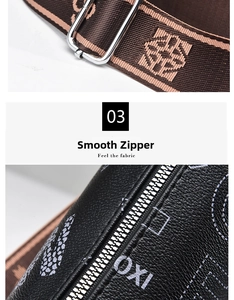 Detail of adjustable woven strap with geometric pattern and smooth silver zipper on leather