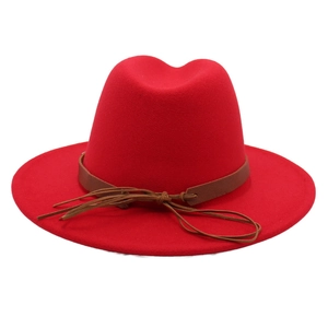 Red wool felt fedora hat with wide brim and brown faux leather tassel band