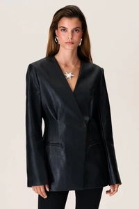 Close-up of a vintage black faux leather jacket featuring a deep V-neck and slim waist design