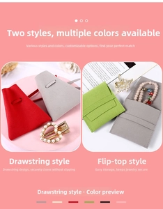 Detail view of microfiber jewelry pouches in drawstring and envelope styles with soft texture
