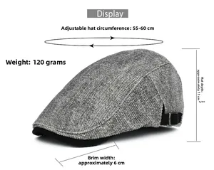 Detailed dimensions of grey herringbone flat cap with adjustable strap and 120g weight