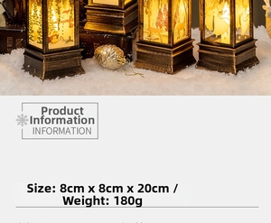 Close-up of vintage bronze LED lantern showing detailed reindeer and snowman patterns