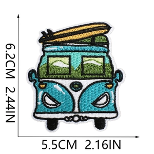Detailed view of surf van embroidery patch with dimensions 6.2cm x 5.5cm for clothing