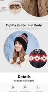 Detail of warm winter beanie with fleece lining, jacquard pattern and plush pompom