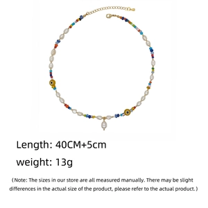 Bohemian beaded necklace detail with freshwater pearls and evil eye pendant dimensions