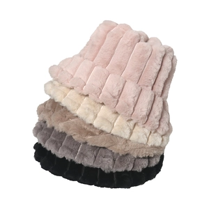 Bucket Hat Faux Fur Striped Plush Winter Warm Windproof Outdoor Casual Soft Solid Color For Women