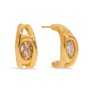 18K gold plated stainless steel C-shaped hoop earrings with brown zircon stones