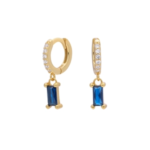 Detail view of 18K gold S925 silver hoop earrings with blue rectangular zircon stones