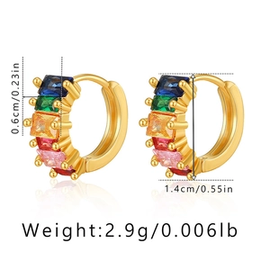 Detailed view of 18K gold-plated hoops with multi-color zircon inlay and size specs