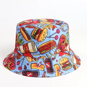 Detail of light blue bucket hat with colorful fast food prints like burgers and pizza