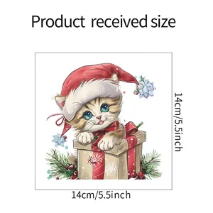 Detail showing a 14x14cm Christmas cat sticker with festive hat and holiday gift box