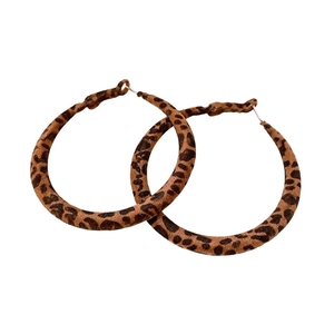 Stylish large round leopard print hoop earrings with brown flocking texture for women