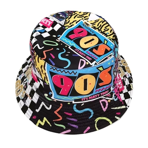 90s vintage reversible bucket hat with colorful graffiti party prints on black fabric