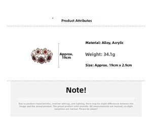 Detailed specs for vintage geometric acrylic bracelet, 2.9cm width and 34.1g alloy weight