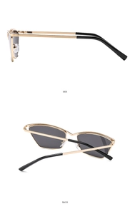 Side and back view of golden cat-eye metal sunglasses with black lenses and slim temples