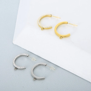 Gold and silver stainless steel C-shaped earring posts with pavé stones and hanging loops