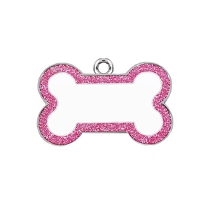 Pink glitter bone-shaped pet ID tag with silver zinc alloy frame for dog collars