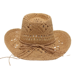 Chapeau de cowboy vintage en paille tressée creuse avec large bord et nœud décoratif