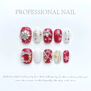 Uñas Postizas de Navidad Hechas a Mano Rojo Blanco Copo de Nieve Strass Lazo Brillante Cortas Cuadradas Uñas Artificiales