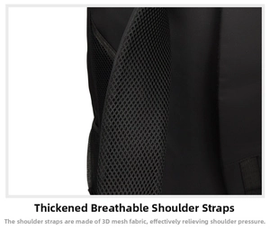 Detail view of thickened 3D mesh breathable shoulder straps on a black business backpack