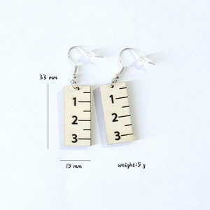 Handcrafted ruler-shaped wooden earrings with silver hooks and 33mm measurement scale