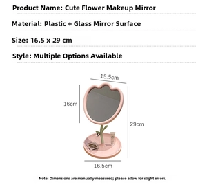 Pink tulip-shaped makeup mirror with size measurements and storage base tray