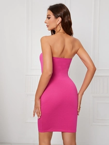 Sexy rose red backless bodycon dress for women with off-shoulder strapless design