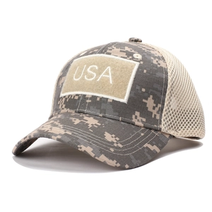 Detail showing USA embroidery patch on digital camouflage baseball cap with mesh