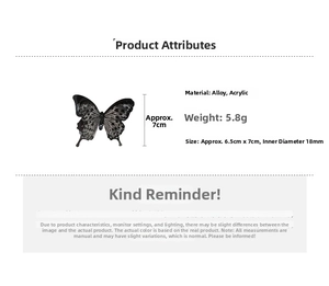 Macro detail of acrylic butterfly ring with black patterns and alloy frame dimensions