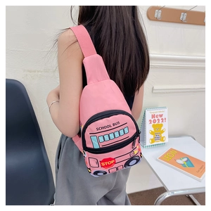 Pink school bus chest bag for kids featuring adjustable straps and water-resistant fabric