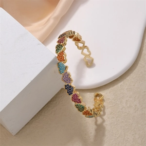 Rainbow heart open bracelet with colorful stones and gold plating for women