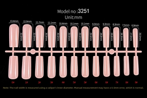 Size chart showing width and length dimensions for long white French press-on nails