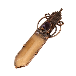 Vintage bronze necklace with clear crystal sword pendant and small amethyst stone