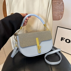 Women Patchwork Crossbody Bag PU Leather Woven Texture Small Square Handbag Golden Lock Adjustable Strap Fashionable