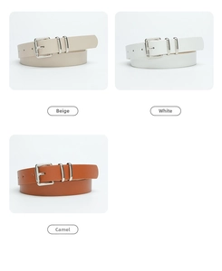 Detailed comparison of minimalist leather belts with silver buckles in beige, white, and camel