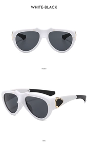 Front and side views of sports sunglasses featuring white frames and black temples
