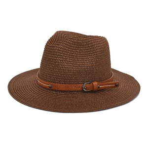 Deep brown straw panama hat with faux leather belt and vintage metal buckle detailing