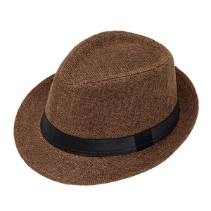 Men's brown straw fedora sun hat with black ribbon band for summer outdoor beach wear