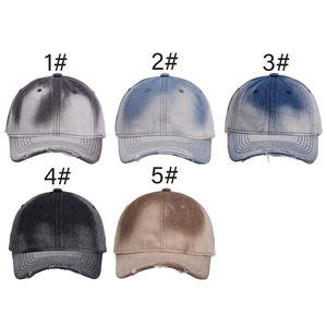 Five assorted vintage wash gradient denim baseball caps with distressed ripped brims