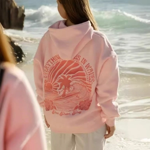 Pink sunset hoodie with wave back print on beach, featuring 3D digital tropical ocean graphic