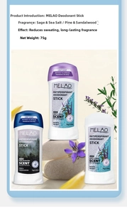 Detail of MELAO deodorant sticks in sage and sandalwood scents on decorative stones