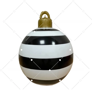 Inflatable black and white striped Christmas ball with a golden hook for holiday decor